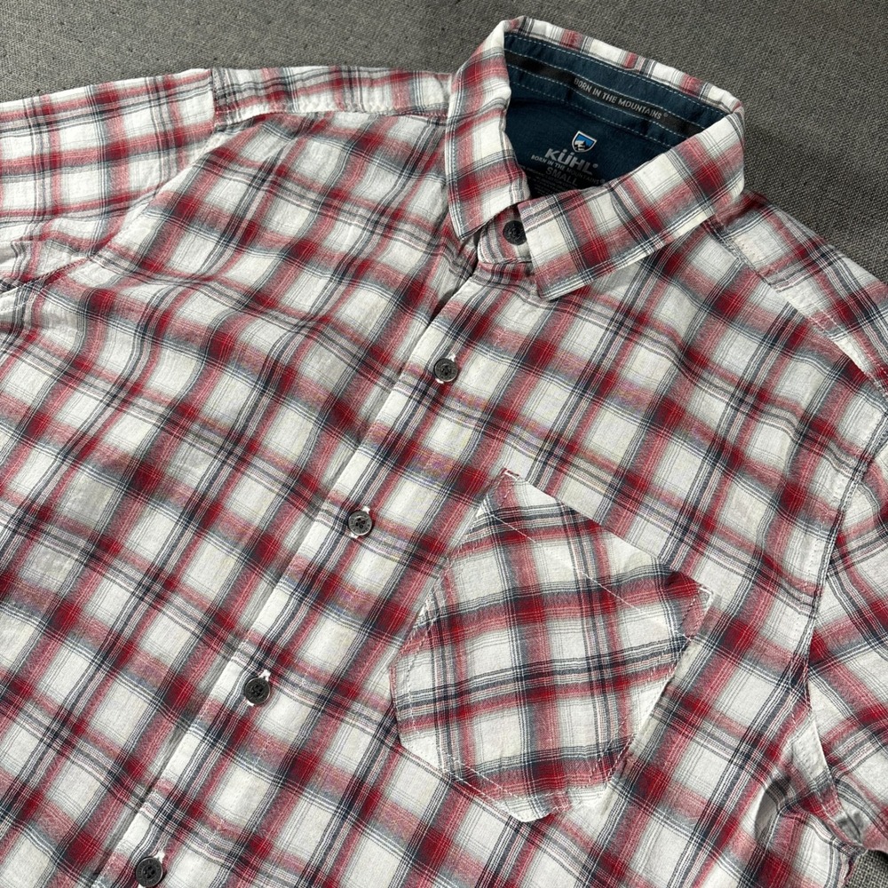 Kuhl Button Tropik Shirt Mens Small Red White Plaid Short Sleeve Organic Cotton